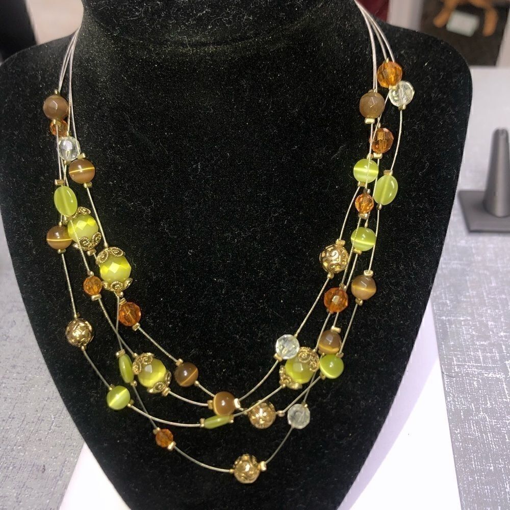 Lia Sophia Green Amber Beaded Gold Tone Necklace